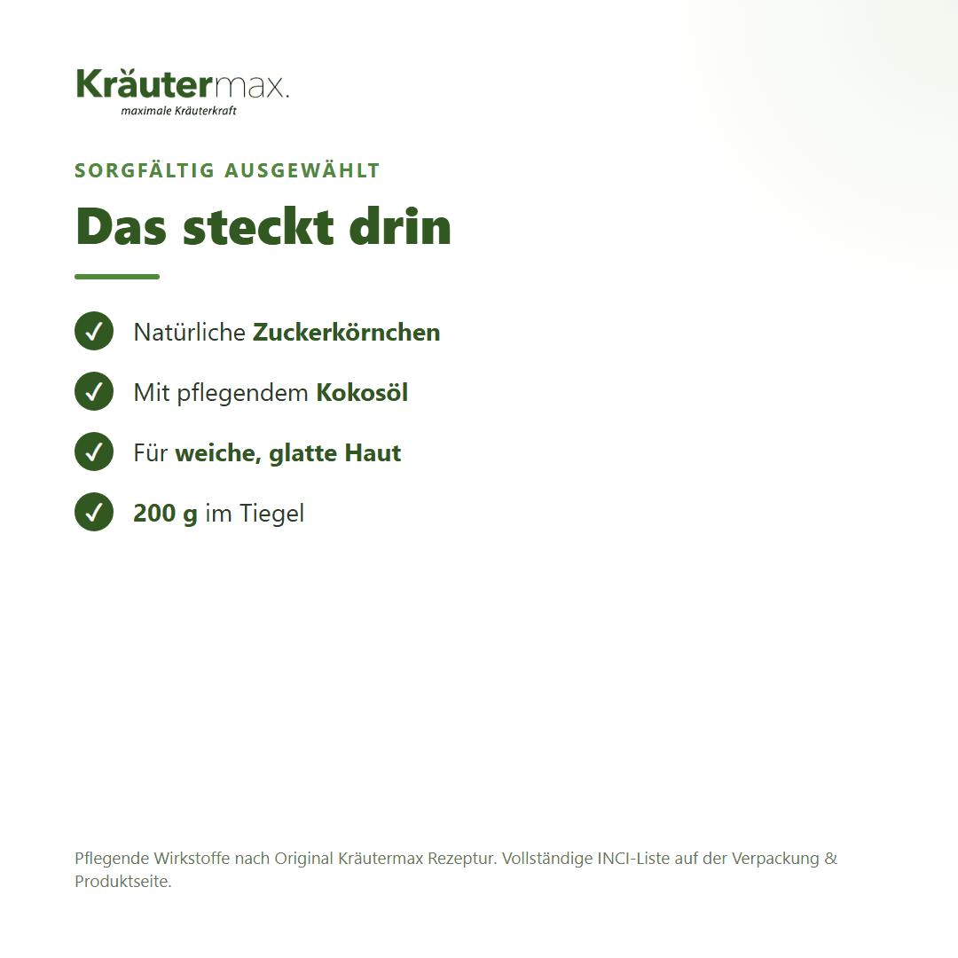 Wellness Körperpeeling – Inhaltsstoffe: Zuckerkörnchen, Kokosöl, 200 g Tiegel