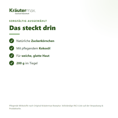 Wellness Körperpeeling – Inhaltsstoffe: Zuckerkörnchen, Kokosöl, 200 g Tiegel