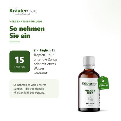 Wermut Fluid – Verzehrempfehlung: 2 x täglich 15 Tropfen pur oder mit Wasser verdünnt
