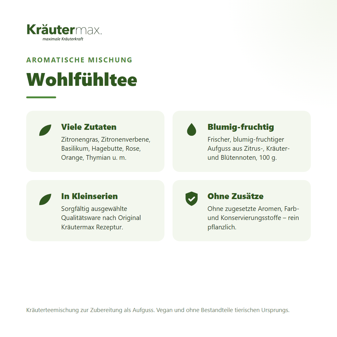 Wohlfühltee – Überblick: aromatische Kräutermischung mit Zitronengras, Hagebutte, Rose, Orange und Thymian, 100 g