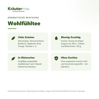Wohlfühltee – Überblick: aromatische Kräutermischung mit Zitronengras, Hagebutte, Rose, Orange und Thymian, 100 g