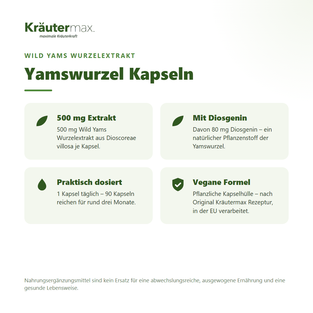 Yamswurzel Kapseln – 500 mg Wild Yams Wurzelextrakt aus Dioscoreae villosa mit 80 mg Diosgenin, vegan