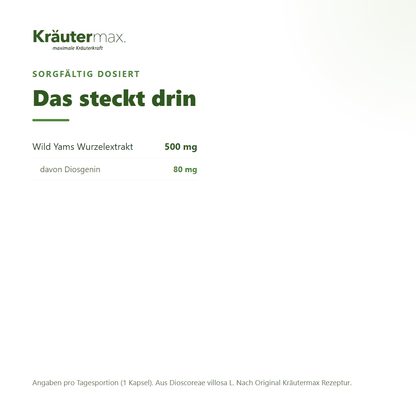Yamswurzel Kapseln – Inhaltsstoffe pro Kapsel: 500 mg Wild Yams Wurzelextrakt, davon 80 mg Diosgenin