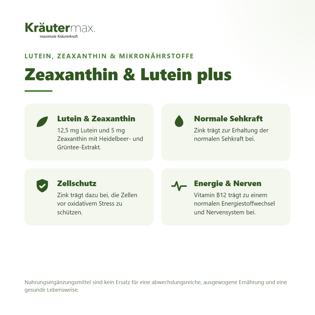 Zeaxanthin & Lutein plus Kapseln – Lutein, Zeaxanthin, Zink, Vitamin D3 und B12 für Sehkraft, Zellschutz und Energie