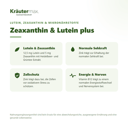 Zeaxanthin & Lutein plus Kapseln – Lutein, Zeaxanthin, Zink, Vitamin D3 und B12 für Sehkraft, Zellschutz und Energie