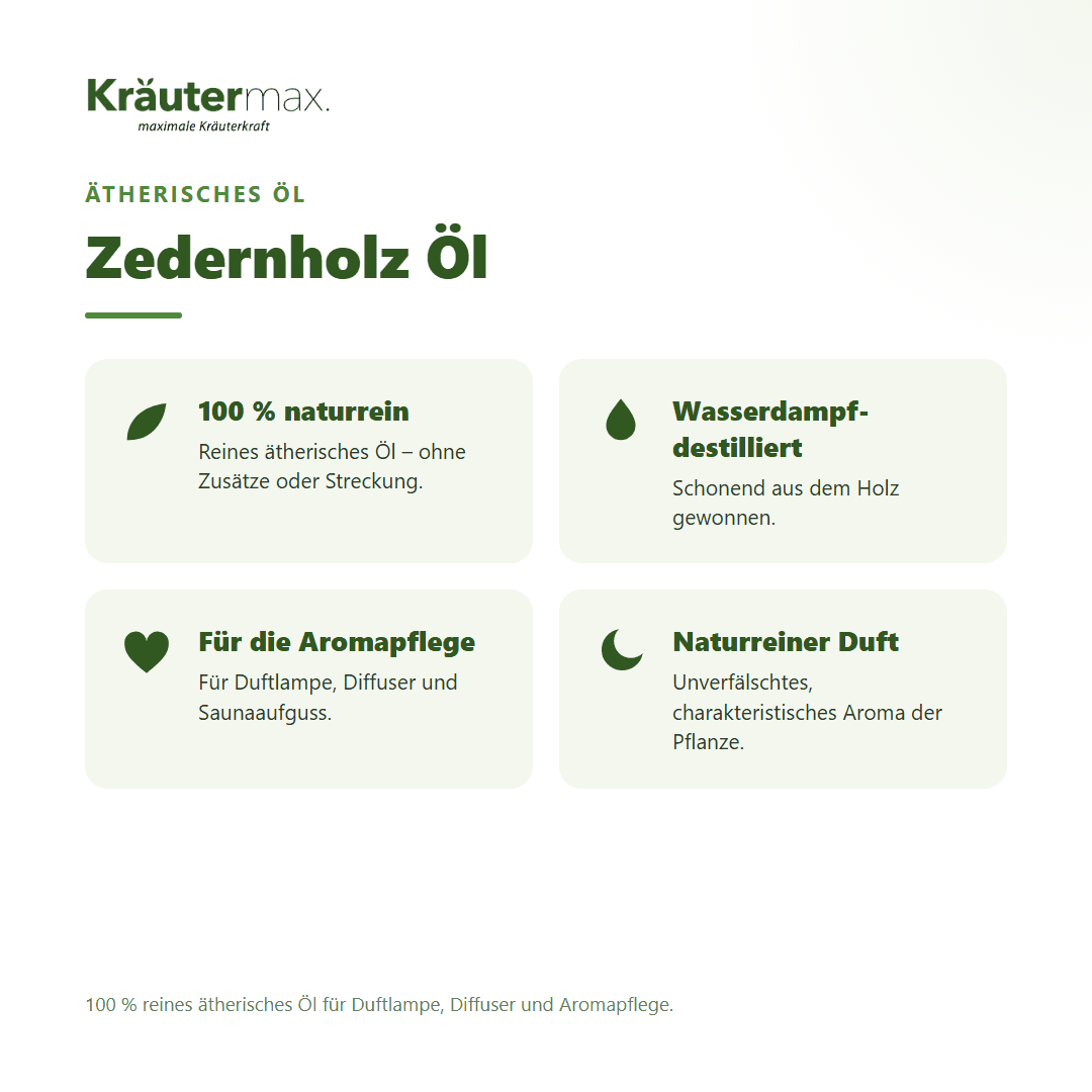 Zedernholz Öl von Kräutermax – Überblick: 100 % reines ätherisches Öl für die Aromapflege