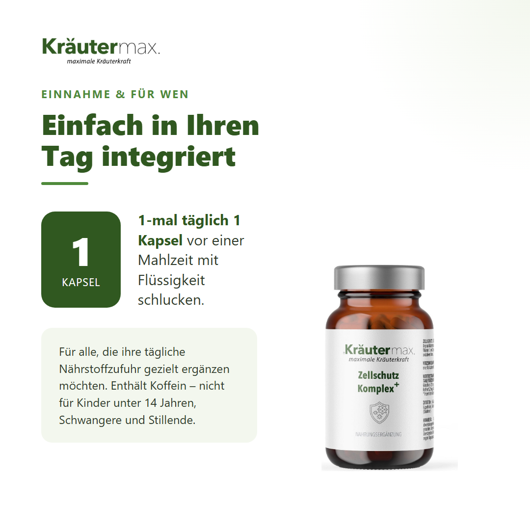 Zellschutz Komplex plus Kapseln – Einnahme: 1-mal täglich 1 Kapsel vor einer Mahlzeit mit Flüssigkeit schlucken