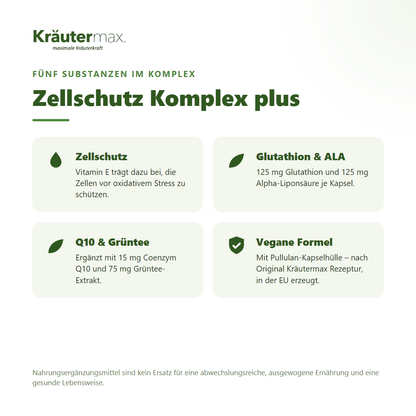 Zellschutz Komplex plus Kapseln – Glutathion, Alpha-Liponsäure, Grüntee, Vitamin E und Q10 für den Zellschutz, vegan