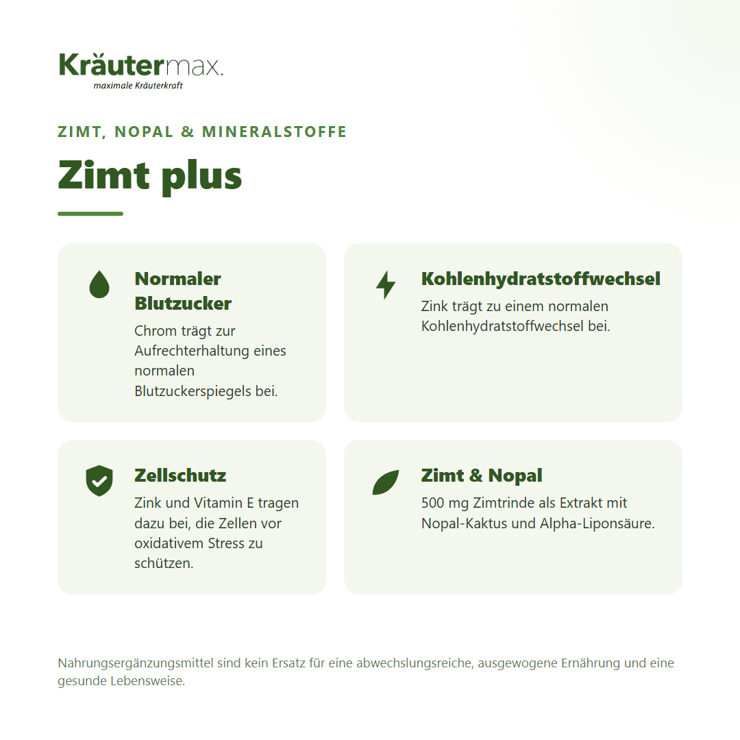 Zimt plus Kapseln – Zimtrinden-Extrakt, Nopal-Kaktus, Vitamin E, Zink und Chrom für Blutzucker, Stoffwechsel und Zellschutz, vegan
