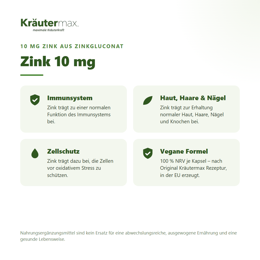 Zink 10 mg Kapseln – Zink aus Zinkgluconat für Immunsystem, Haut, Haare, Nägel und Zellschutz, vegan