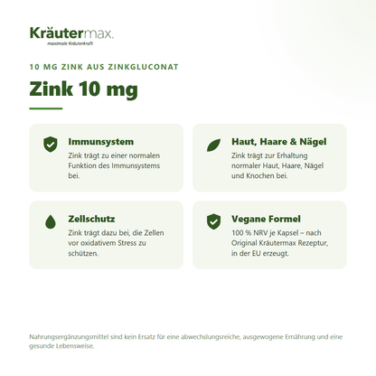 Zink 10 mg Kapseln – Zink aus Zinkgluconat für Immunsystem, Haut, Haare, Nägel und Zellschutz, vegan