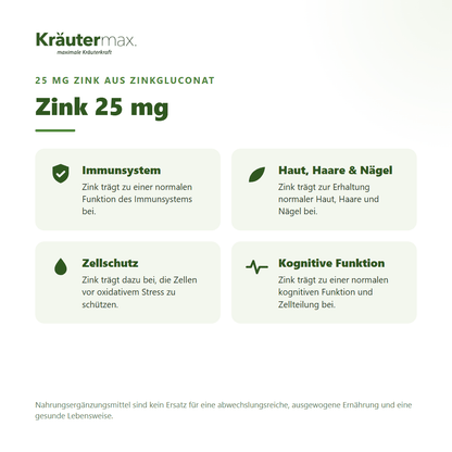 Zink 25 mg Kapseln – Zink aus Zinkgluconat für Immunsystem, Haut, Haare, Nägel und Zellschutz, vegan