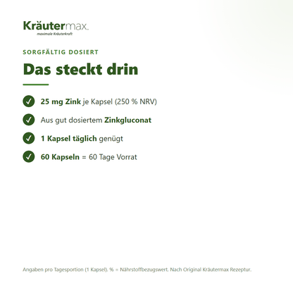 Zink 25 mg Kapseln – Inhaltsstoffe pro Kapsel: 25 mg Zink aus Zinkgluconat (250 % NRV)