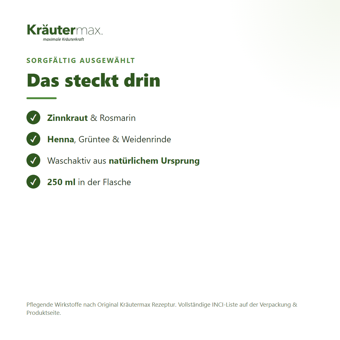 Zinnkraut Shampoo – Inhaltsstoffe: Zinnkraut, Rosmarin, Henna, Grüntee, Weidenrinde, 250 ml Flasche