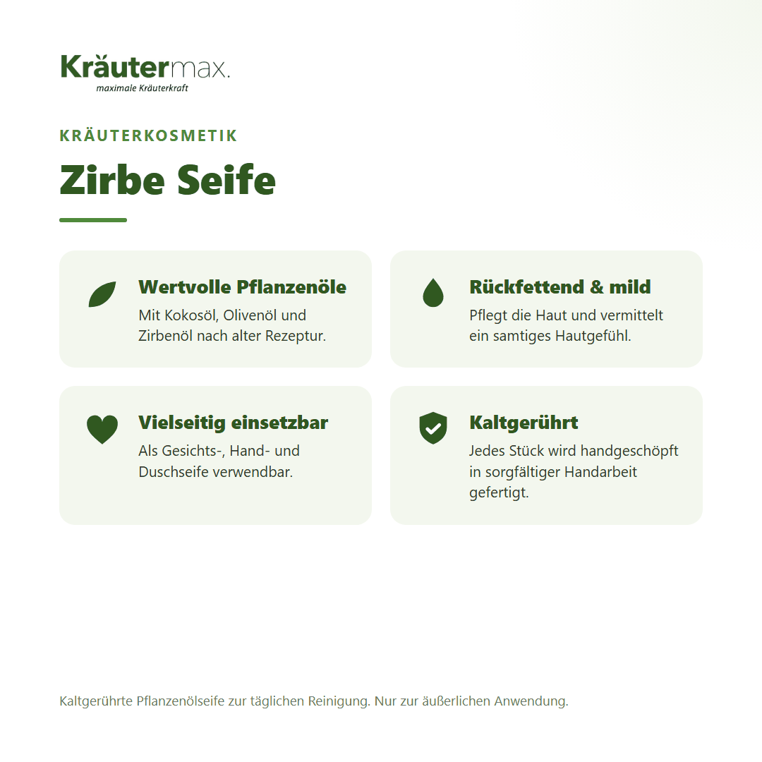 Zirbe Seife von Kräutermax – Überblick: kaltgerührte Pflanzenölseife mit Kokos-, Olivenöl und Zirbenöl, 100 g