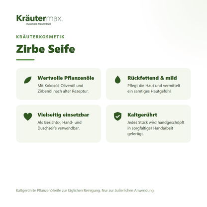 Zirbe Seife von Kräutermax – Überblick: kaltgerührte Pflanzenölseife mit Kokos-, Olivenöl und Zirbenöl, 100 g
