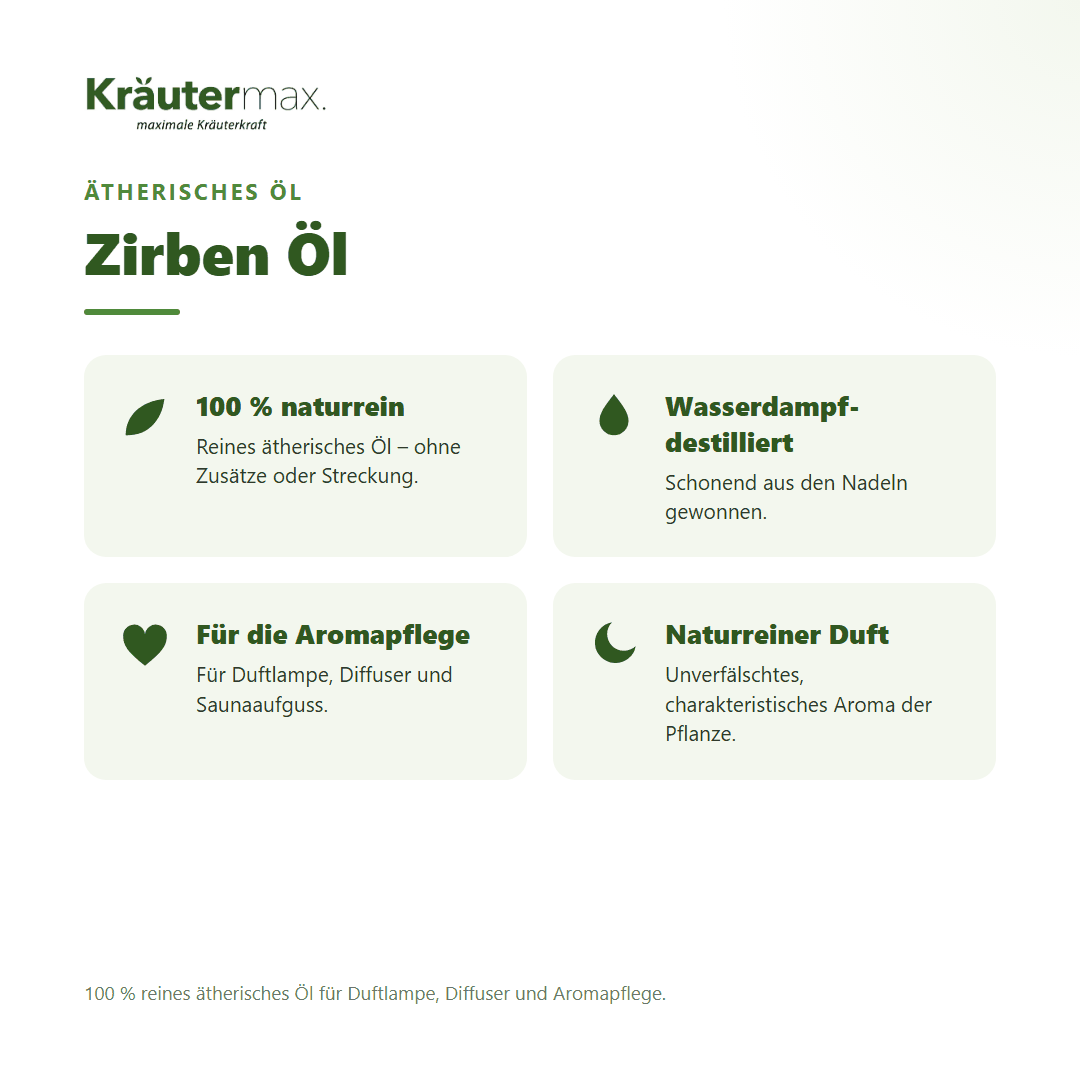 Zirben Öl von Kräutermax – Überblick: 100 % reines ätherisches Öl für die Aromapflege