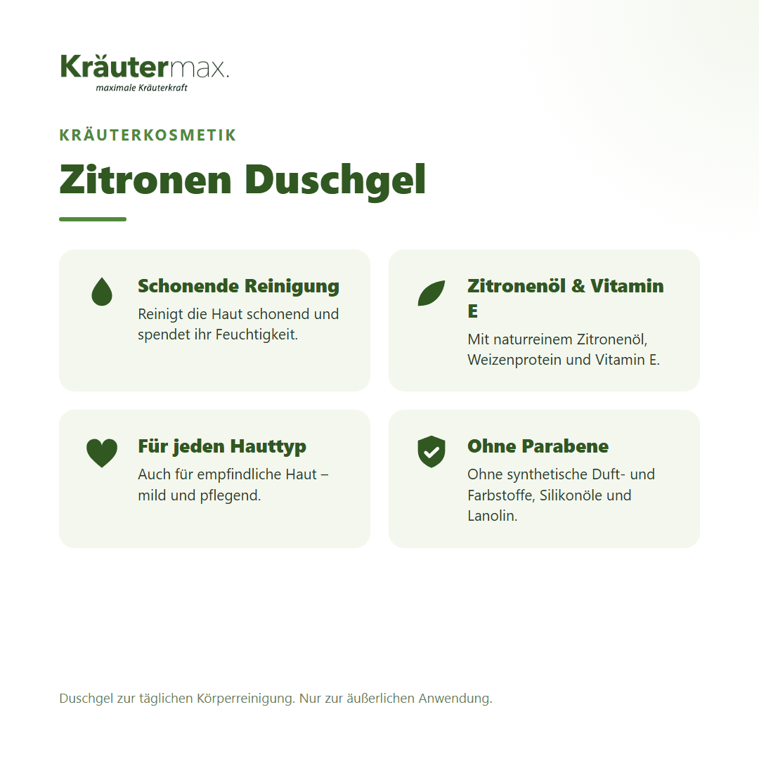 Zitronen Duschgel 250 ml von Kräutermax – Überblick: schonende Reinigung mit naturreinem Zitronenöl