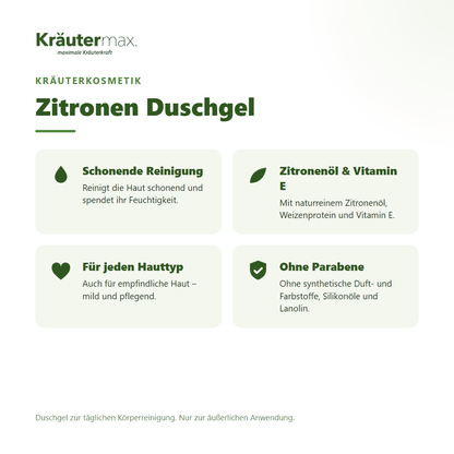 Zitronen Duschgel 250 ml von Kräutermax – Überblick: schonende Reinigung mit naturreinem Zitronenöl