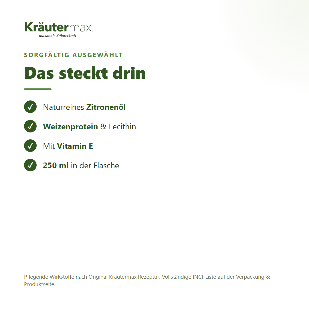 Zitronen Duschgel – Inhaltsstoffe: Zitronenöl, Weizenprotein, Lecithin, Vitamin E, 250 ml Flasche