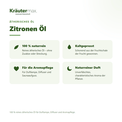 Zitronen Öl von Kräutermax – Überblick: 100 % reines ätherisches Öl für die Aromapflege