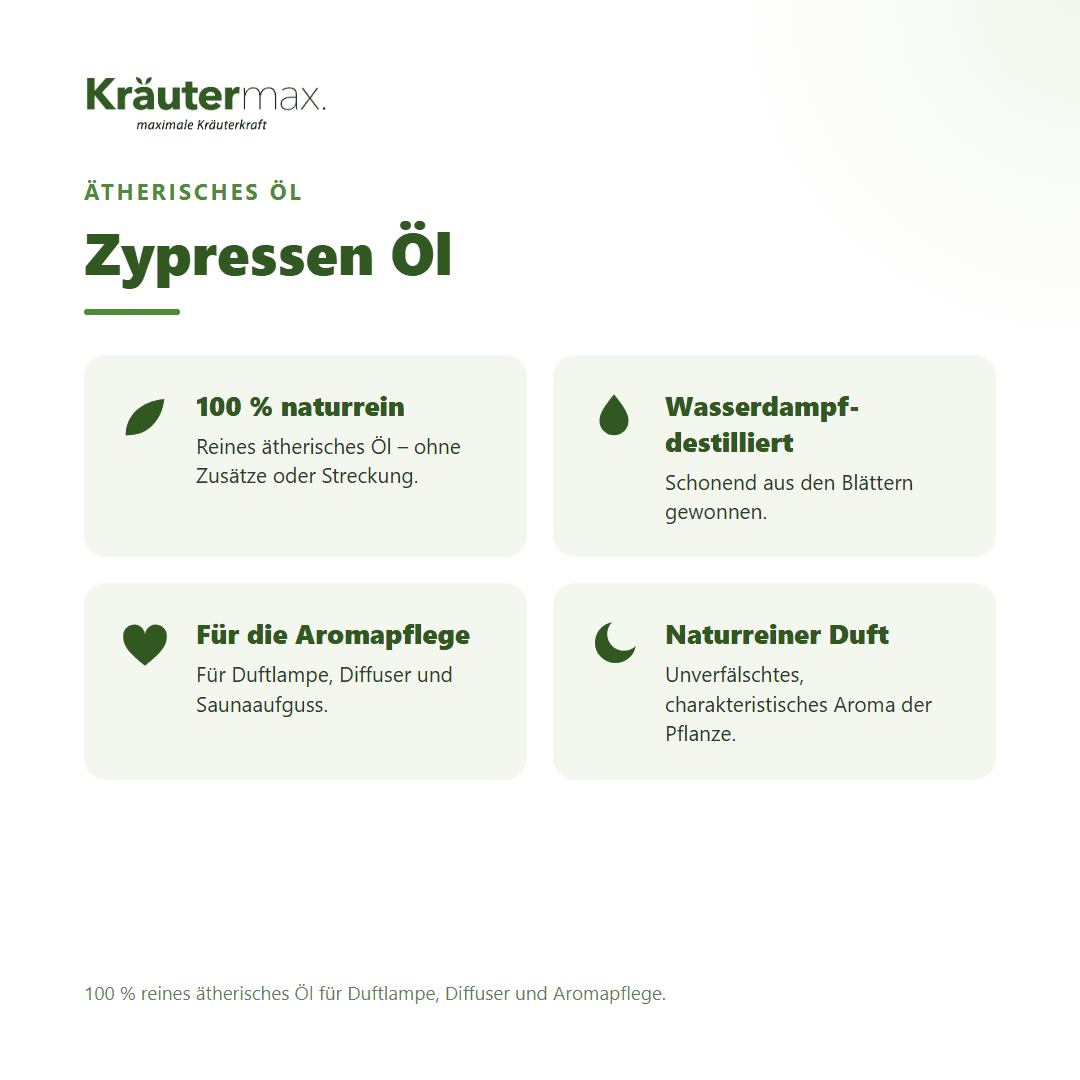Zypressen Öl von Kräutermax – Überblick: 100 % reines ätherisches Öl für die Aromapflege