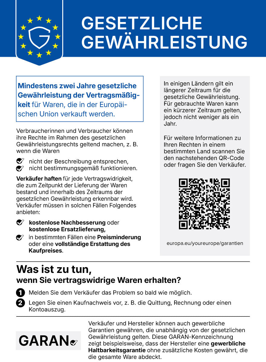 Gesetzliche Gewährleistung – mindestens zwei Jahre gesetzliche Gewährleistung für in der EU verkaufte Waren